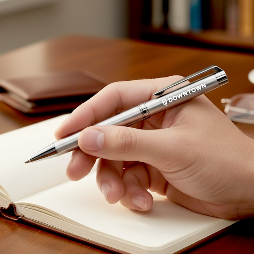 SwissBrand ® Glide 2527 Matte Chrome Ballpoint Pen with Chrome Trim >Hero Image 02