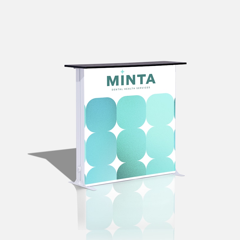 A lightbox display counter promoting dental health services, slightly facing the right to show its seamless sides.