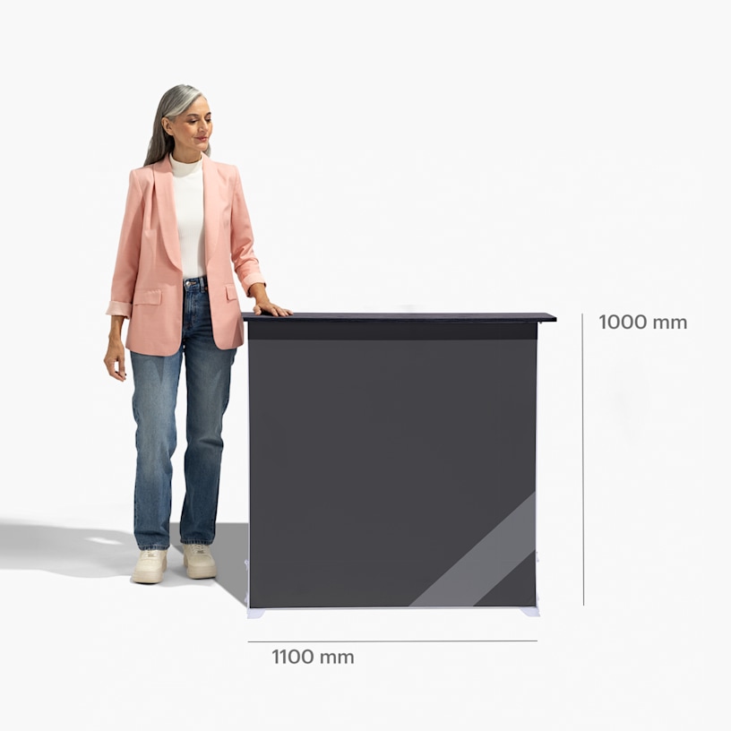 A person standing beside a lightbox display counter, measuring 1100 x 1000 mm.