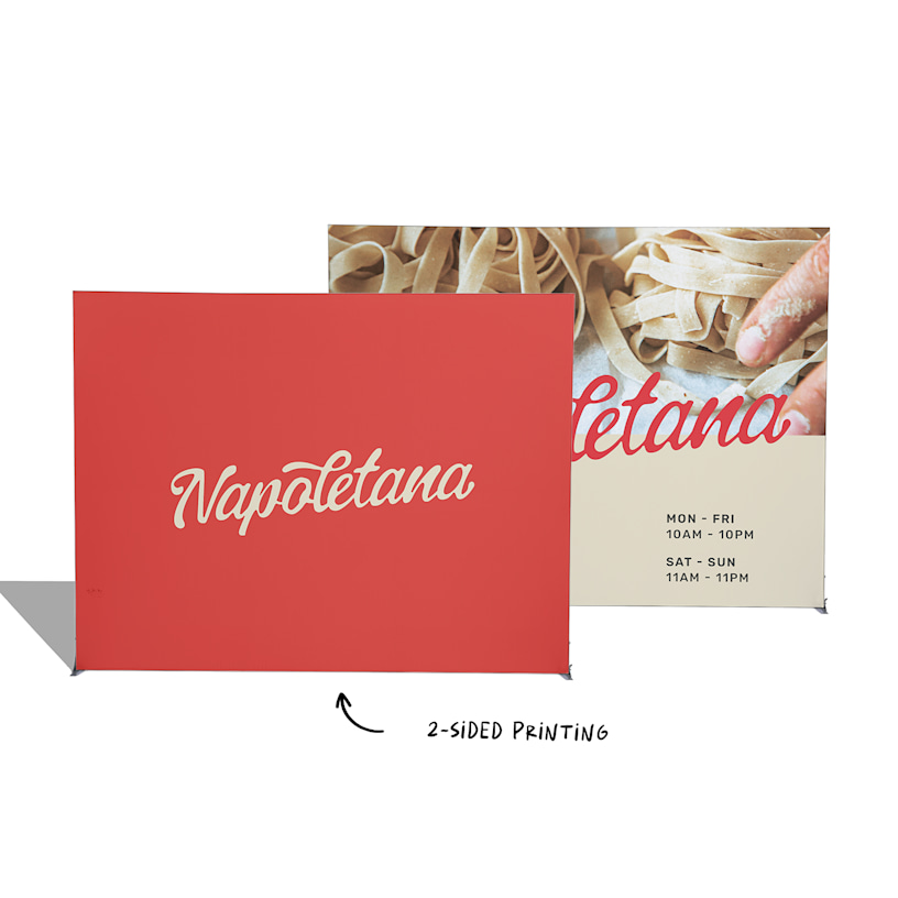A lightbox display wall promoting a restaurant, with a different design on each side. An arrow points to the two-sided printing.
