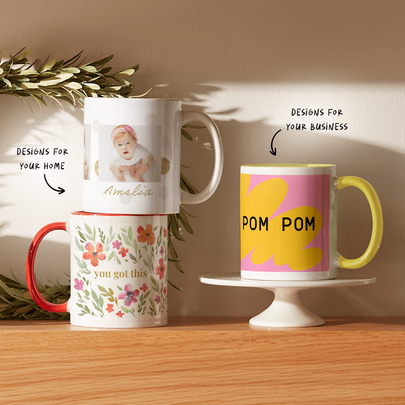 Three mugs side by side, featuring different designs for the home and for businesses. 