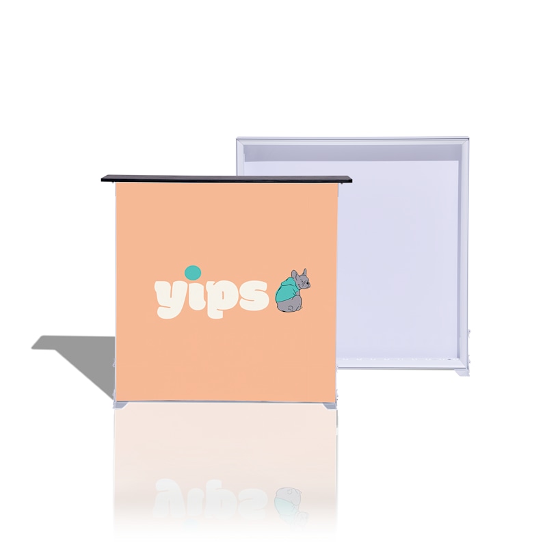 A front and back view of a lightbox display counter promoting a dog walking business.