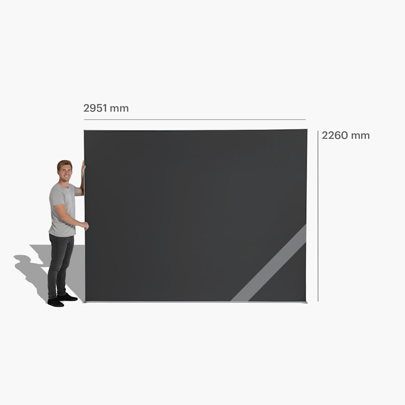 A person standing beside a lightbox display wall, measuring 2951 x 2260 mm.