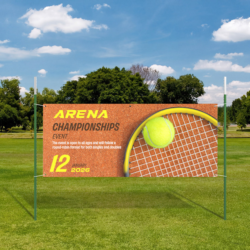 A tennis banner held up by 2 6 ft T-Posts.