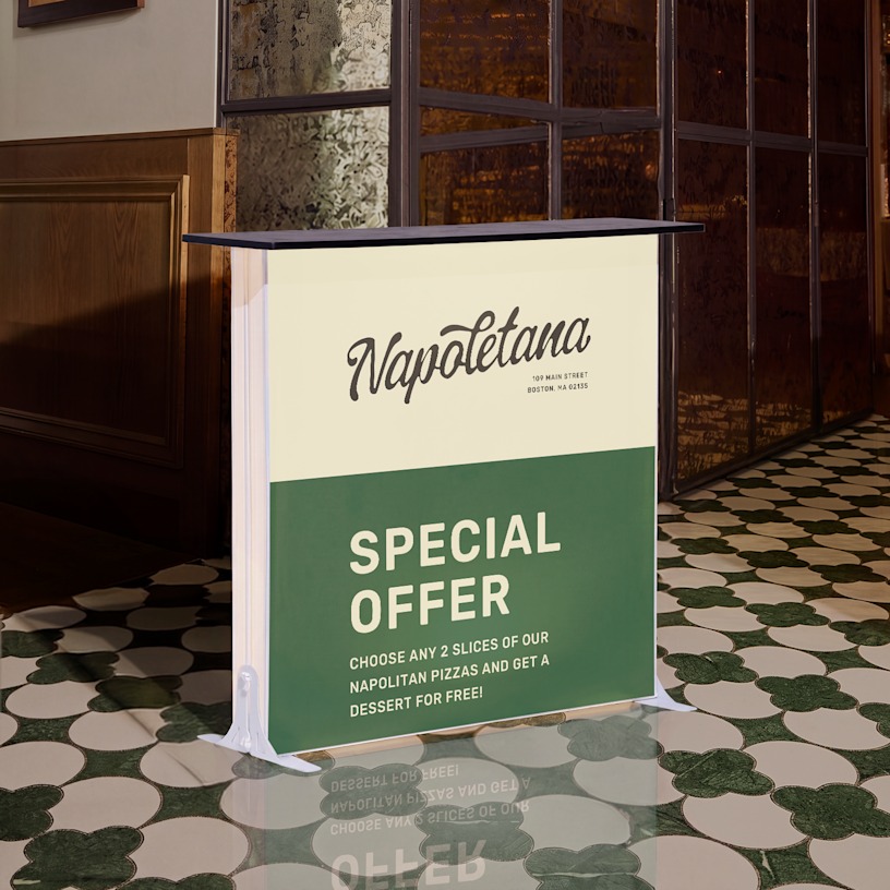 A lightbox display counter promoting a restaurant, displayed indoors.