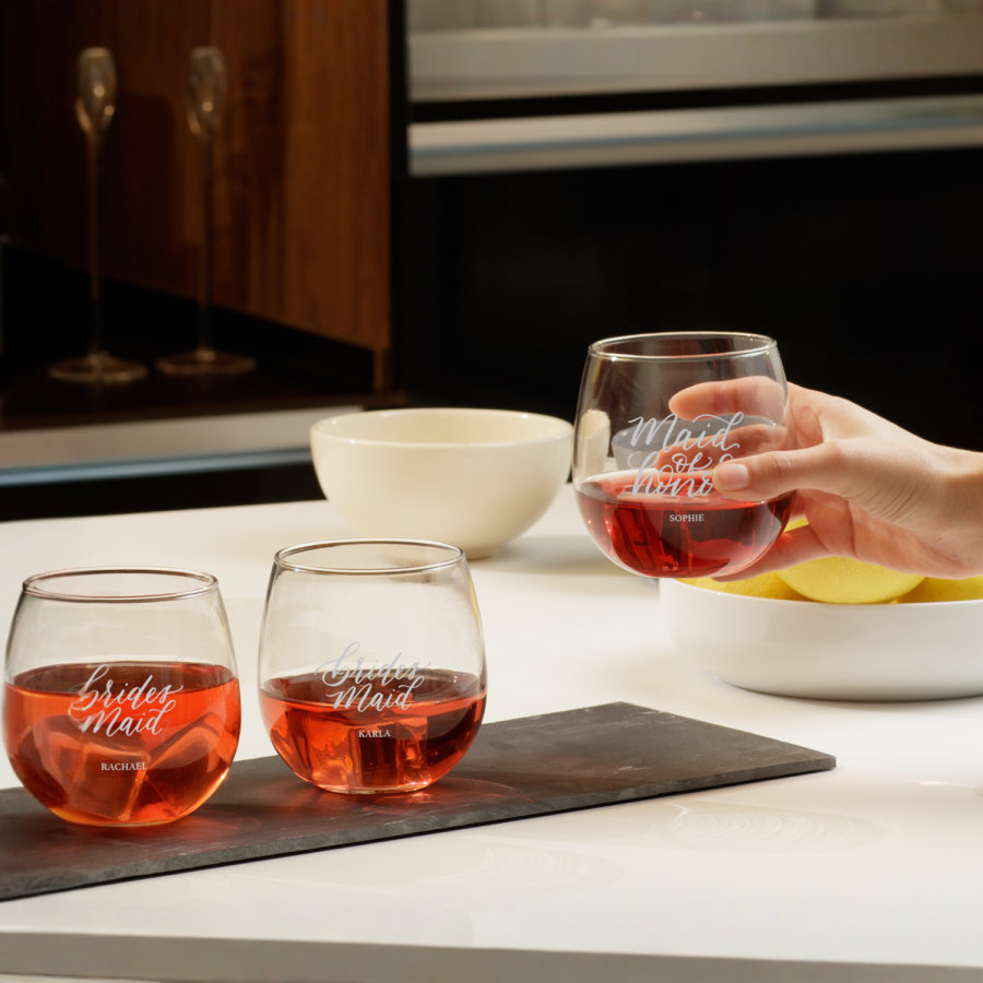 Stemless wine glasses, personalised for a bridal party.