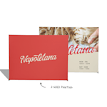 A lightbox display wall promoting a restaurant, with a different design on each side. An arrow points to the two-sided printing.