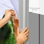 A closeup of the lightbox display wall's fabric being installed with hook-and-loop fasteners. An arrow points to the machine-washable polyester.