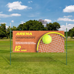 A tennis banner held up by 2 6 ft T-Posts.