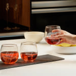 Stemless wine glasses, personalised for a bridal party.