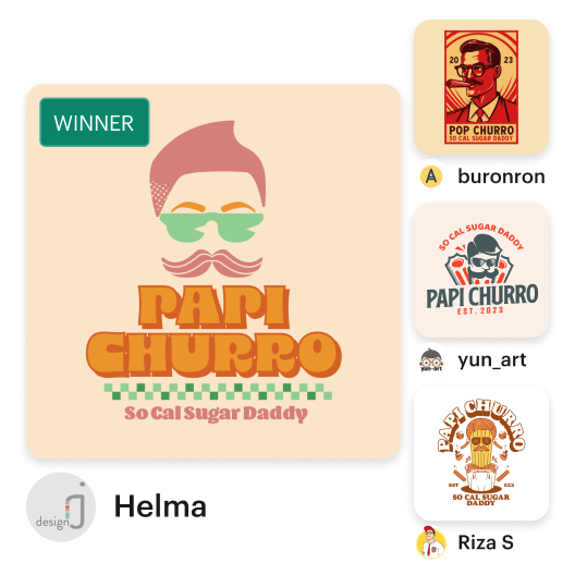 An image showcasing multiple concept submissions for the Papi Churro logo design contest. It features the fully custom winning design created by Helma.