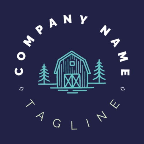 An example of a logo template for the farm industry, featuring barn and tree icons in a circular layout with a blue color palette on a navy background.