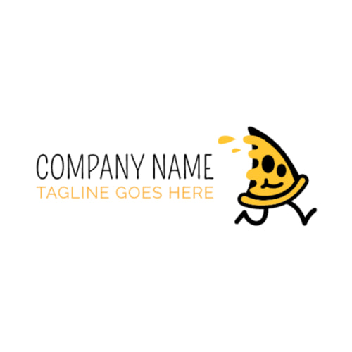 An example of a logo template for a pizza shop, where a running pizza slice with legs is placed to the right of the company name, all within a yellow and black color palette.