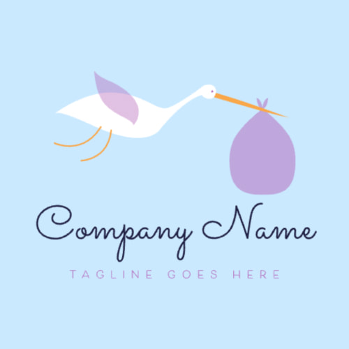 An example of a logo template for a baby retail store, featuring a stork in a stacked layout with a blue and purple color palette.