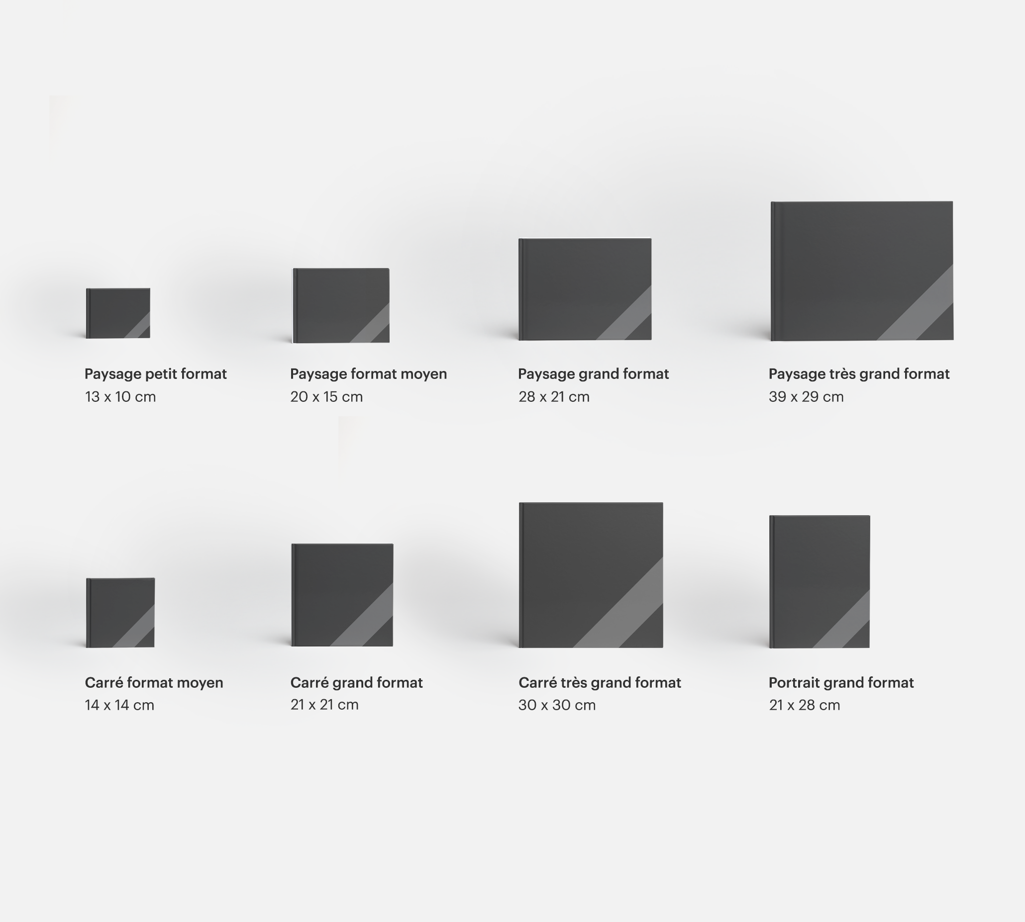 Un tableau indiquant les formats des livres photo, avec chaque option et les dimensions correspondantes en centimètres.