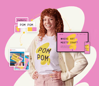 Woman in branded Pom Pom t-shirt, with pink and yellow website, mobile, and social media mockups highlighting creative design elements.