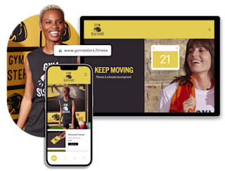 A smiling woman in branded Gym Sisters workout gear, alongside the Gym Sisters website on mobile and desktop
