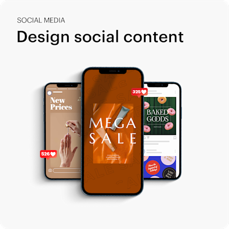 SOCIAL MEDIA Design social content Phone screens showing social media posts.