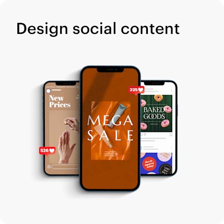 SOCIAL MEDIA Design social content Phone screens showing social media posts.