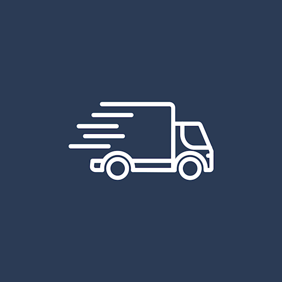 White vector icon on dark blue background showing a lorry in motion, used to represent express delivery of print T-shirts