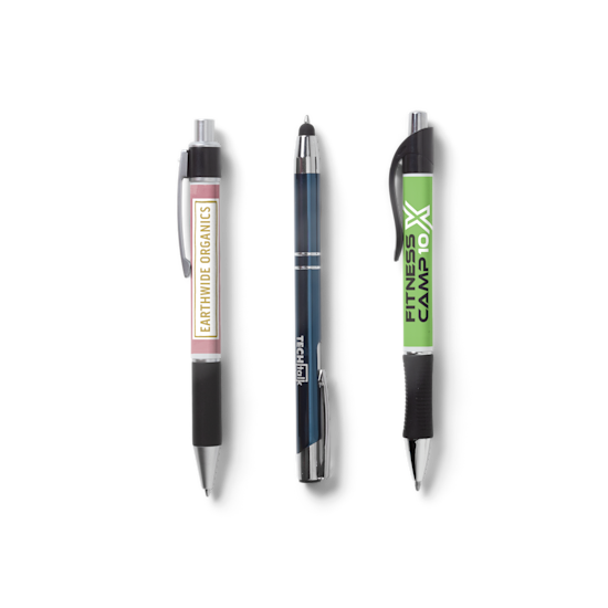  set of three pens promoting an organic food company, a tech company, and a fitness camp business.
