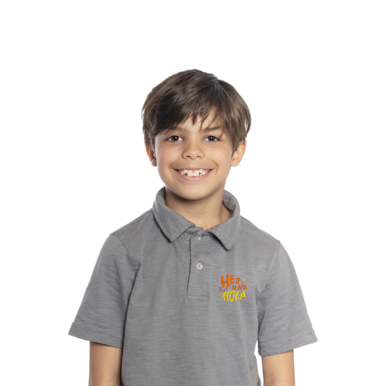 A child wearing a personalized heather gray polo shirt. 