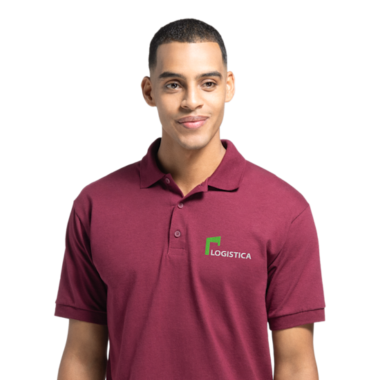 A person wearing a personalized white polo shirt. 