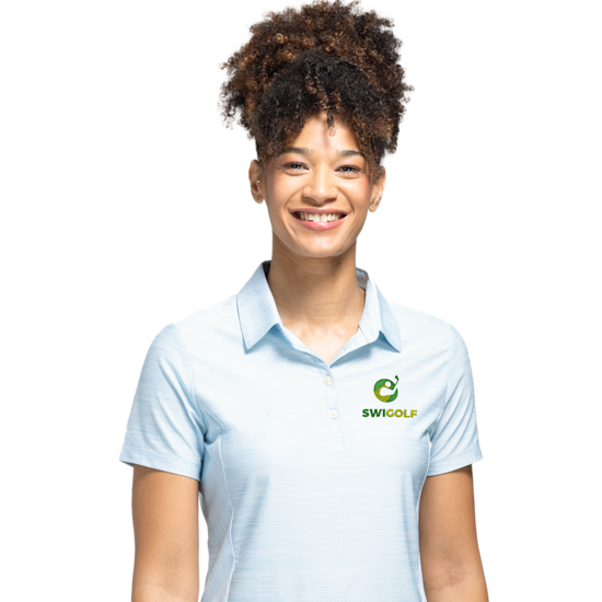 A person wearing a custom blue lake polo shirt.