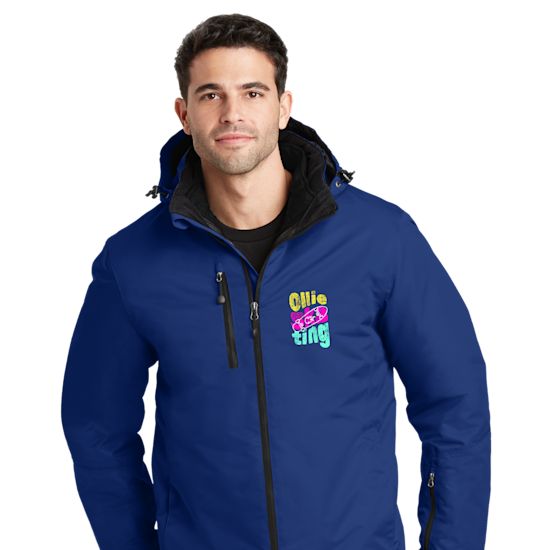A person wearing a custom fleece jacket while smiling.
