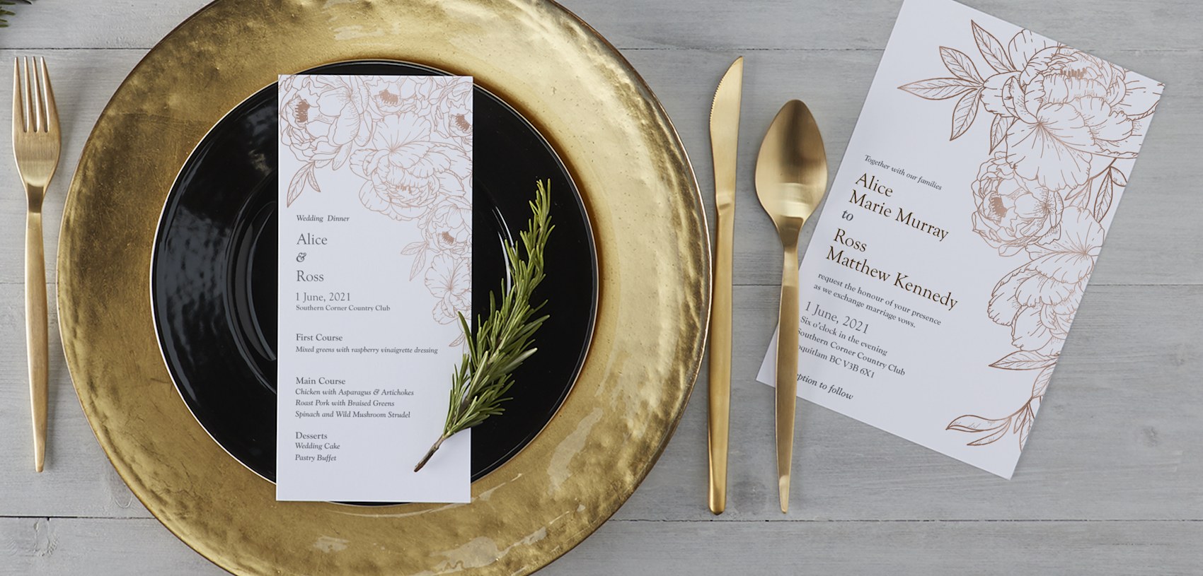 wedding dinner party menu with white and rose gold flowers