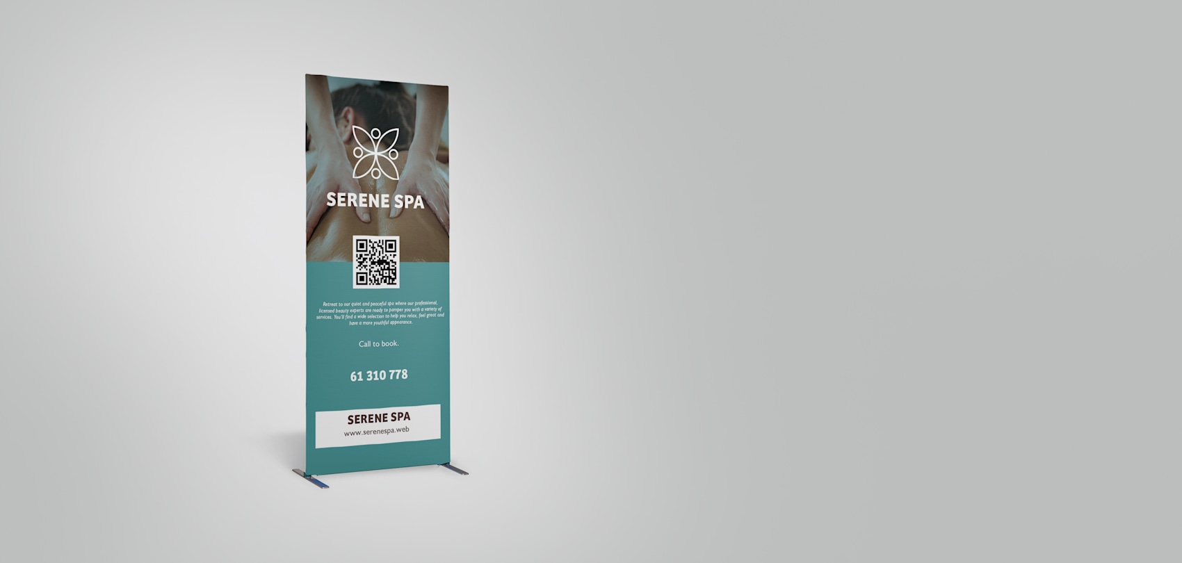 Larger version: Custom tube banner stand with contact information and QR code