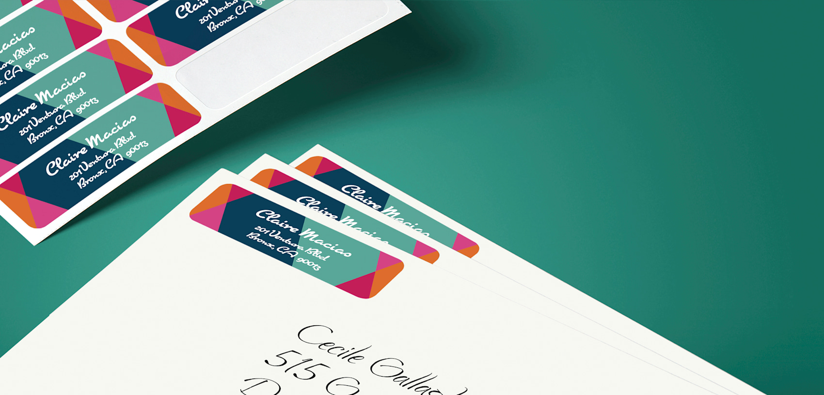colorful return address labels on white envelope