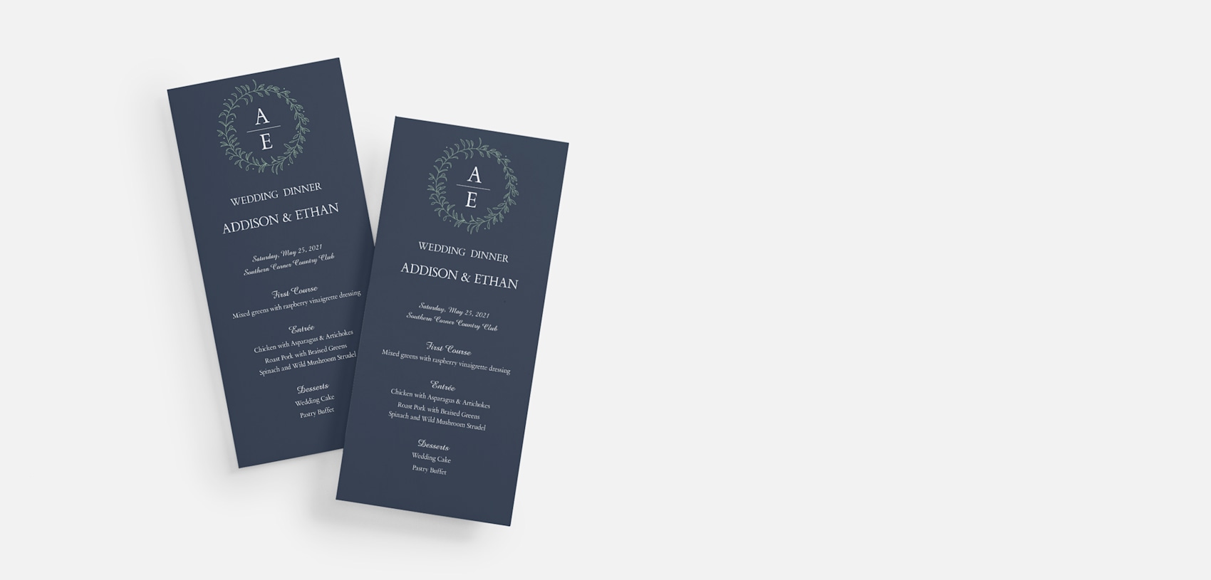 navy blue and white wedding menus