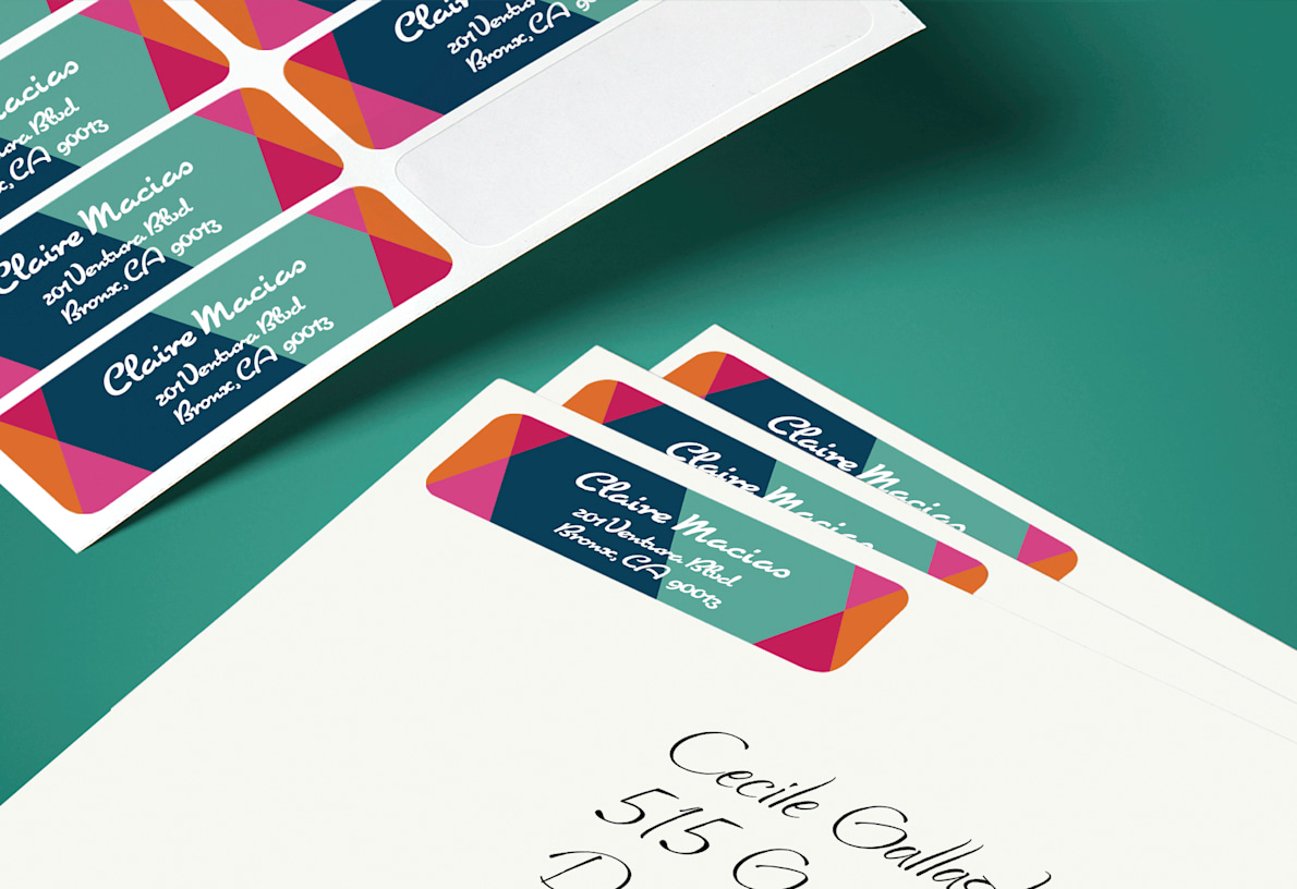 Larger version: colorful return address labels on white envelope