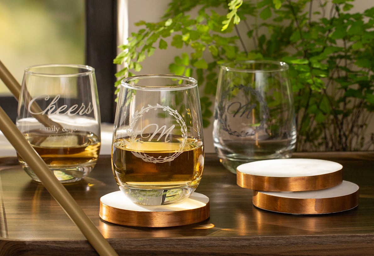 Etched Stemless Wine Glasses 1