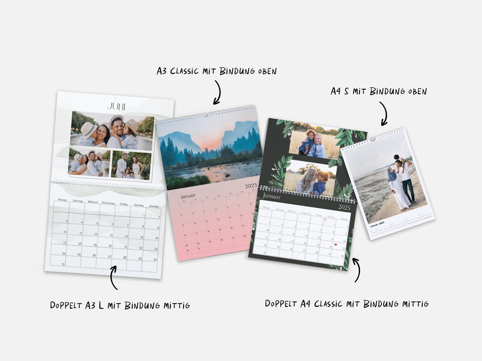 Wandkalender 2025 mit personalisierten Fotos in verschiedenen Größen und Designs. Die Hinweise heben verschiedene Größen hervor. 