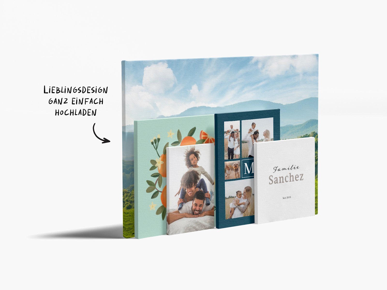 Mit verschiedenen Motiven bedruckte Fotoleinwände in unterschiedlichen Größen samt Hinweis zur Nutzung eigener Motive. 