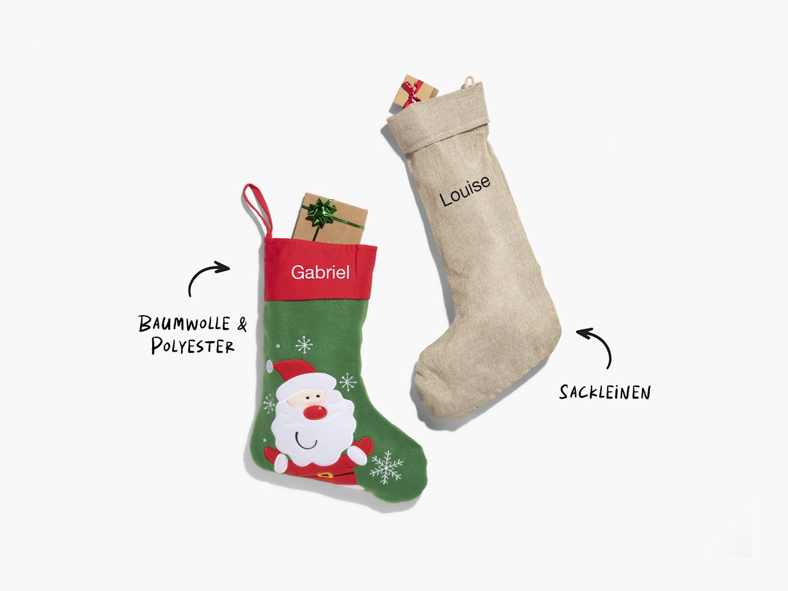 Zwei individuell gestaltete Nikolausstrümpfe mit Namen, dazu der Hinweis auf die Materialauswahl: Baumwolle/Polyester und Sackleinen.