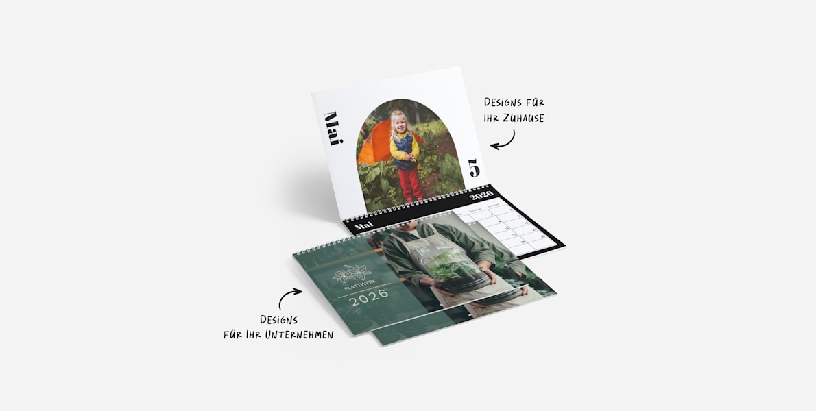 Kalender online drucken – 2 personalisierte Wandkalender mit Fotos. Hinweise heben Gestaltungsoptionen für Zuhause und das Büro hervor. 