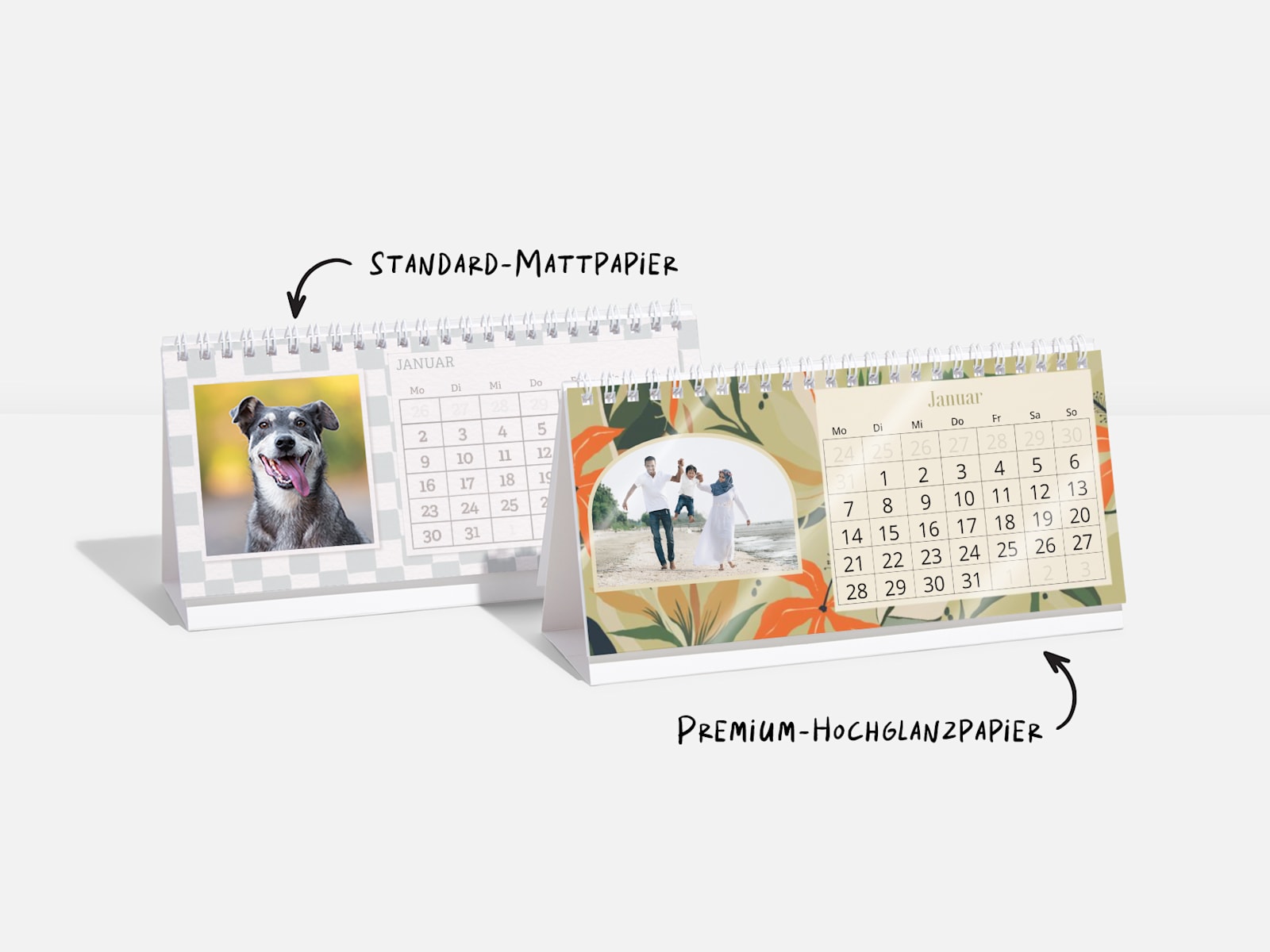 Tischkalender selbst gestalten: zwei rechteckige Aufstellkalender, einmal mattes Standardpapier, einmal Premium-Hochglanz. 