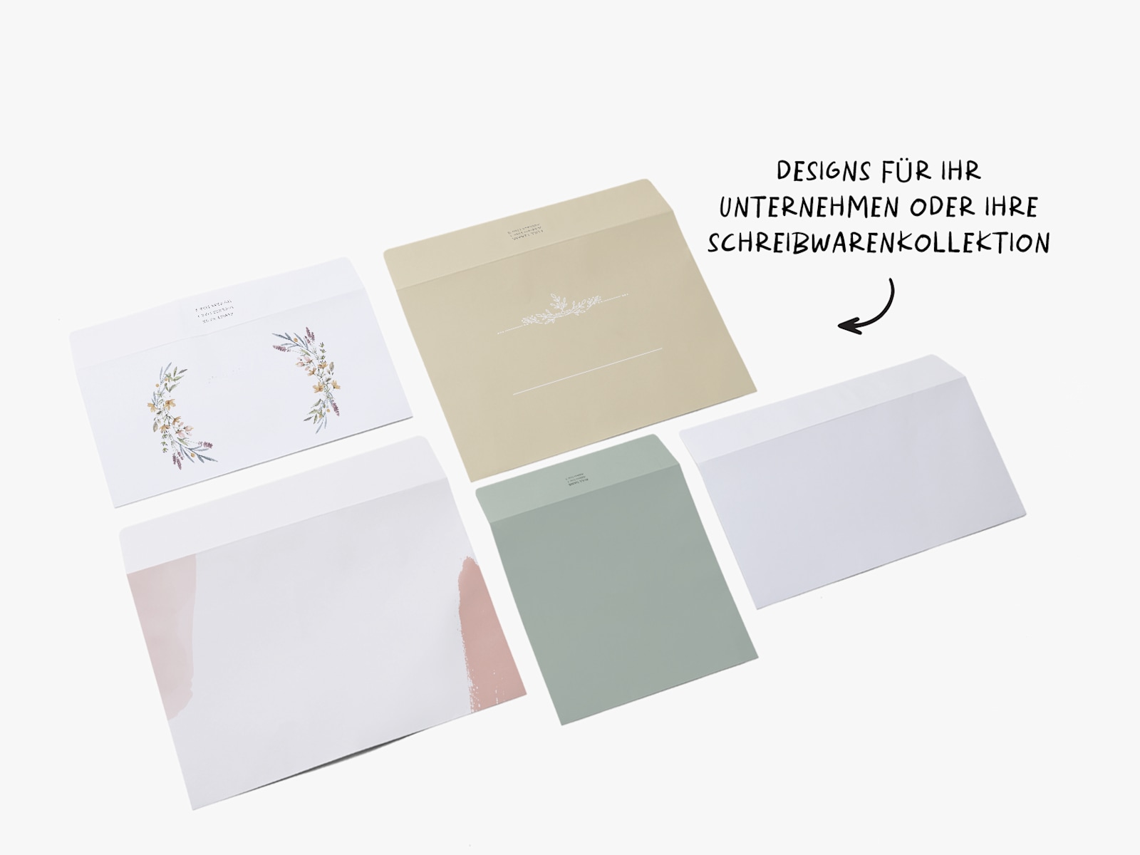 Personalisierte Umschläge in verschiedenen Designs und Farben; dazu der Hinweis, dass es Vorlagen für Unternehmen und Privatpersonen gibt. 