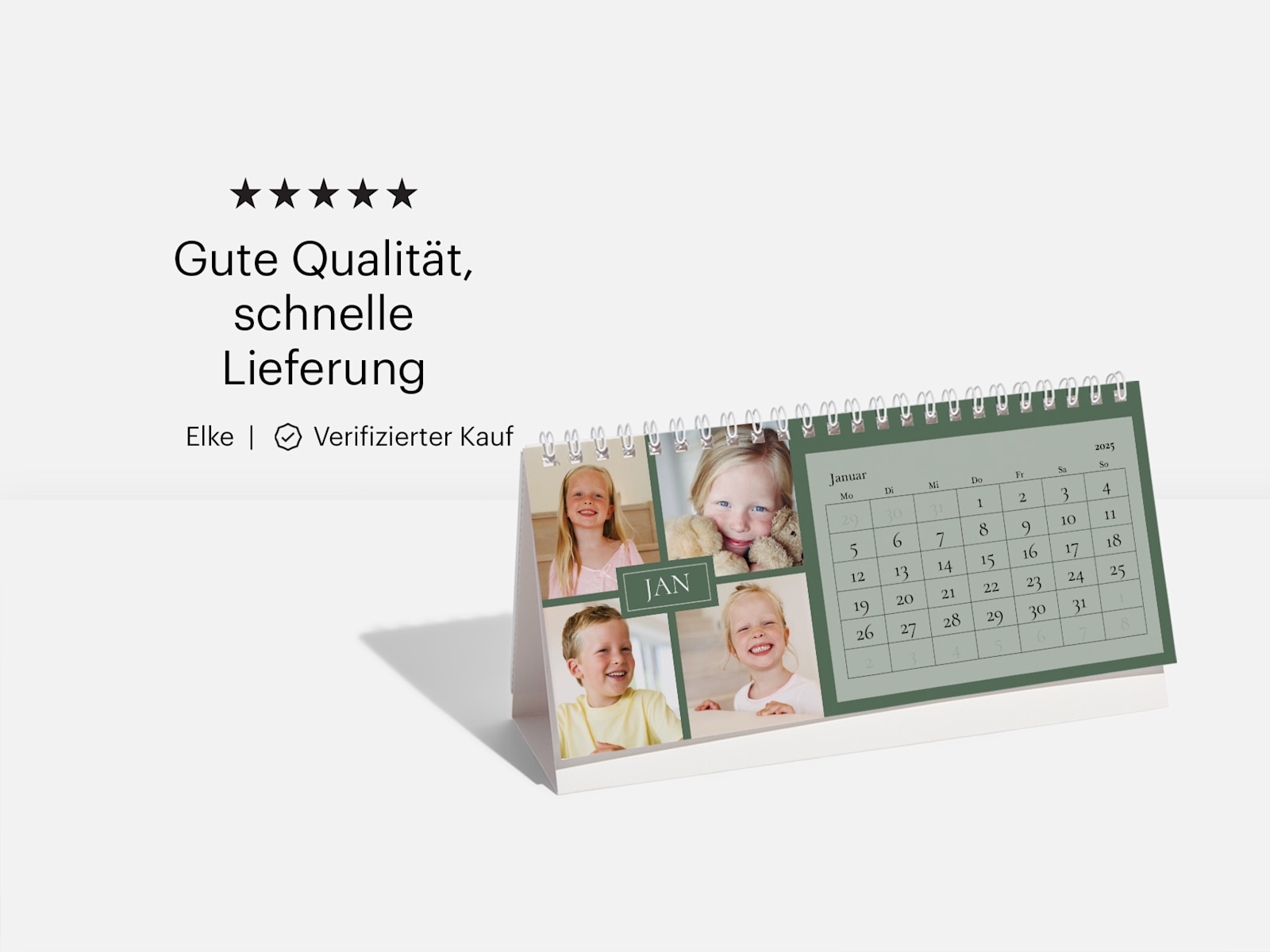 Ein personalisierter Schreibtischkalender mit Kinderfotos und einer Benutzerbewertung.