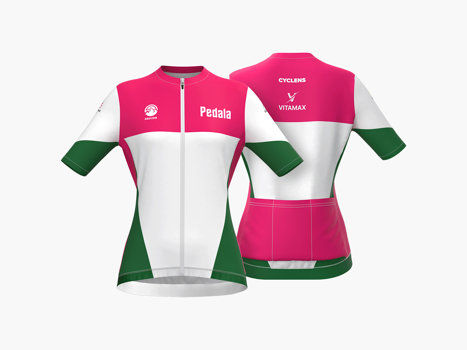 A front and back mannequin shots of a full custom women’s cycling jersey that features the pedala cycling brand and multiple sponsors for a sunglasses cycling and nutri products brands.