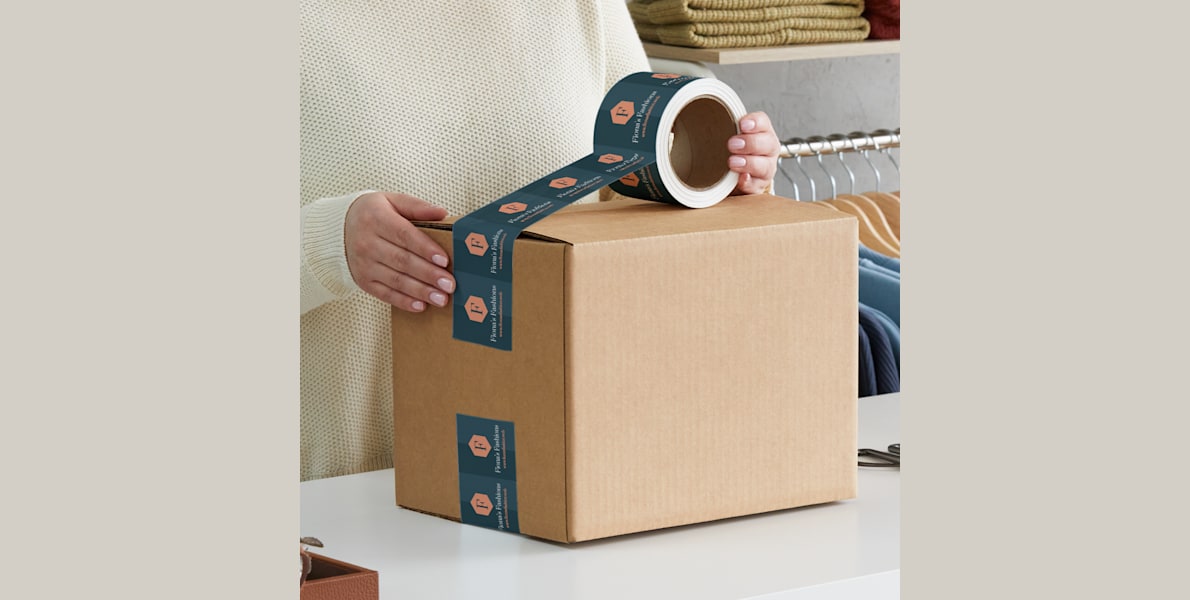 Larger version: A woman in a white sweater applying white plastic Self-adhesive packaging tape to a cardboard box. The tape is custom printed with a design for a clothing and fashion business.