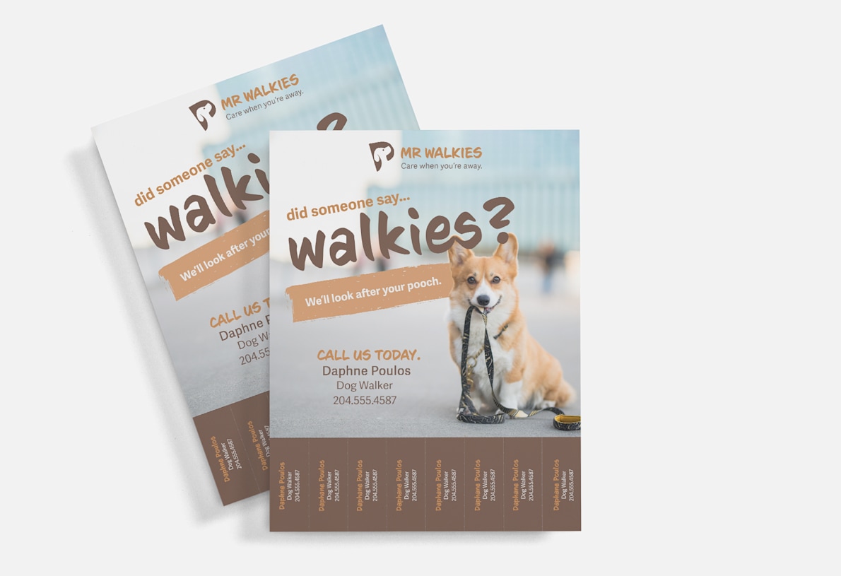 A perforated flyer for a dog walker has customized text, photos and logos.