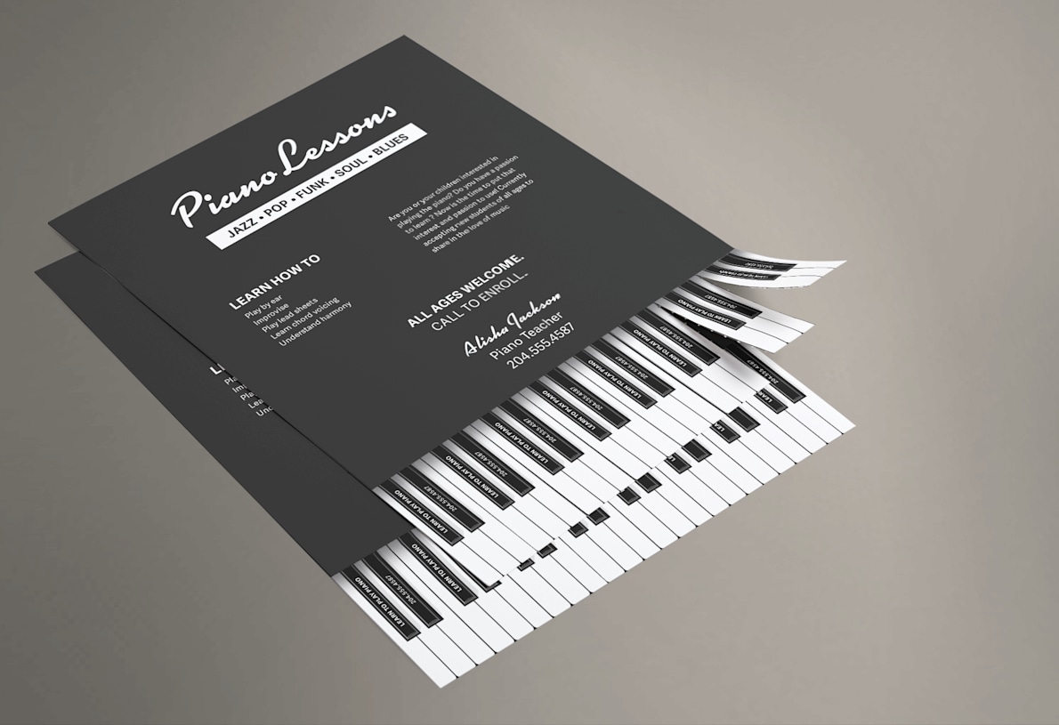 Larger version: A custom perforated flyer is designed so the perforated tabs resemble piano keys.