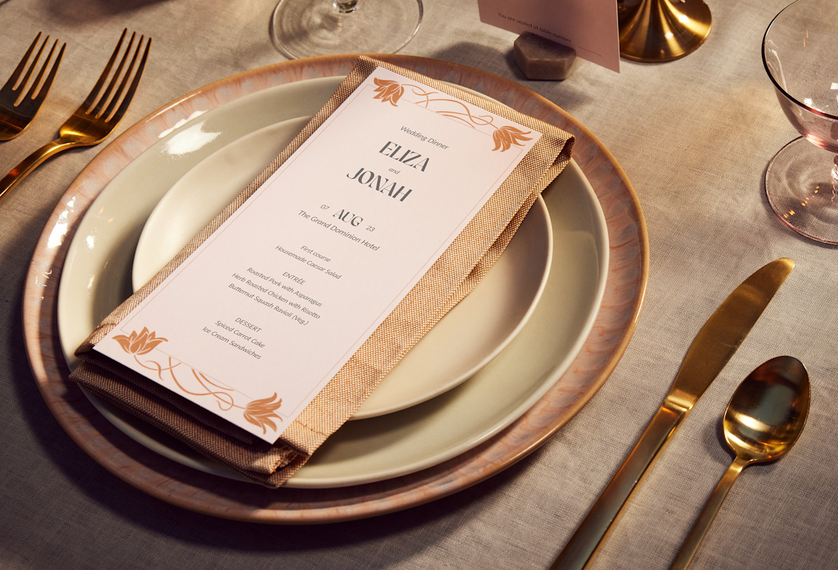 wedding dinner party menu with white and rose gold flowers