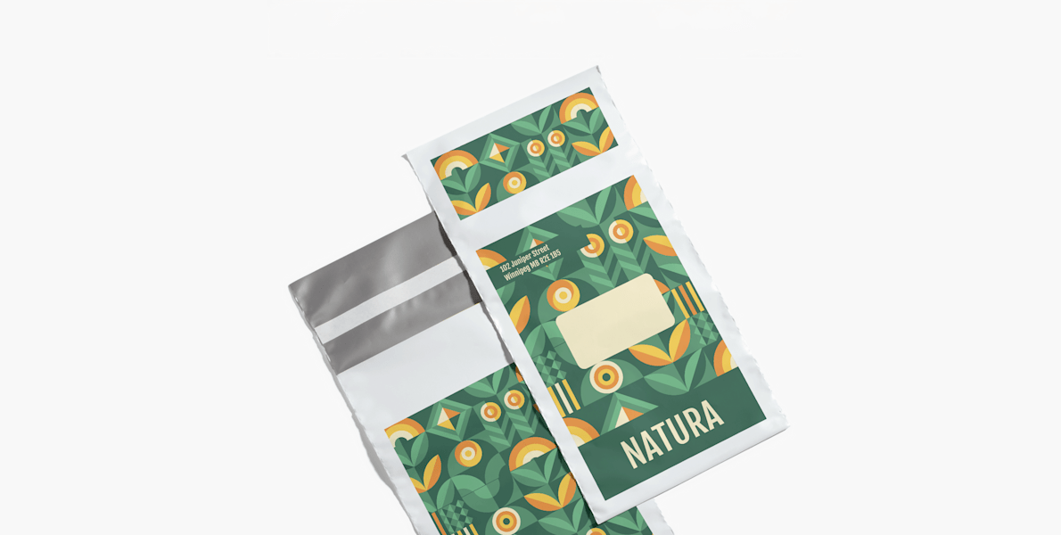 A Poly Mailer promoting a natural products business, that shows printing on the front and back.