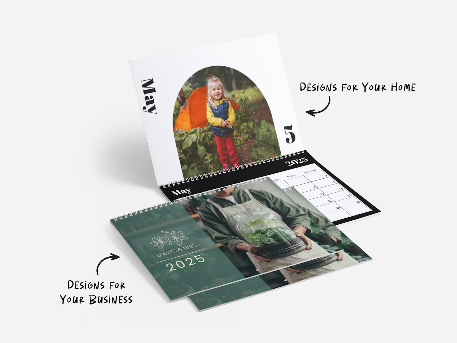 Two custom wall calendars. One features a photo of a little girl camping and the other features the logo and name of a plant shop. Notes say there are  calendars designs for your home and your business. 