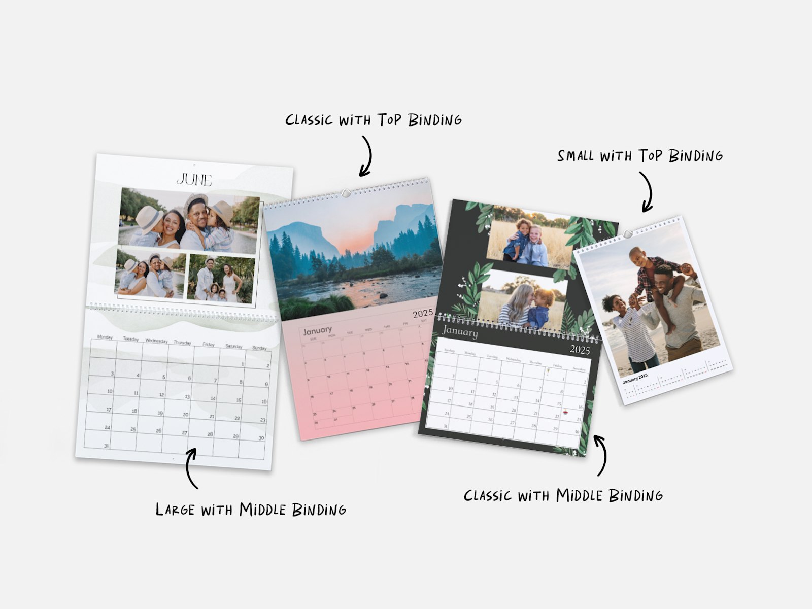 Four photo wall calendars in a variety of sizes and styles. A note lists out the sizes; Classic with Top Binding, Small with Top Binding, Large with Middle Binding, and Classic with Middle Binding. 